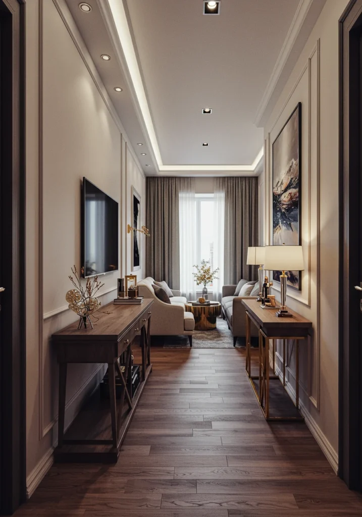 A smart layout for a very narrow living room using a long, slim console table instead of a large media unit.