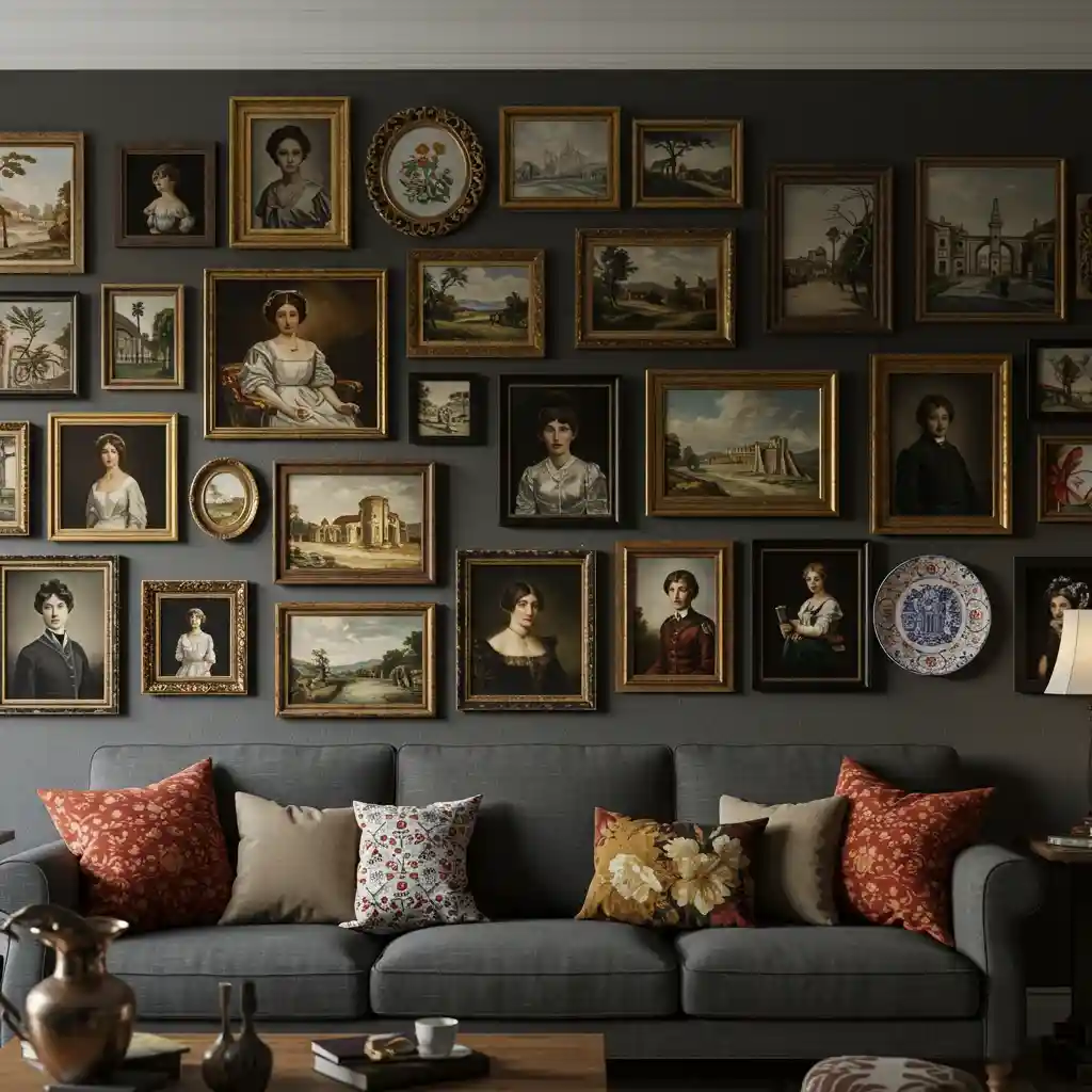 An eclectic, salon-style gallery wall with a mix of different frames and art styles above a sofa.