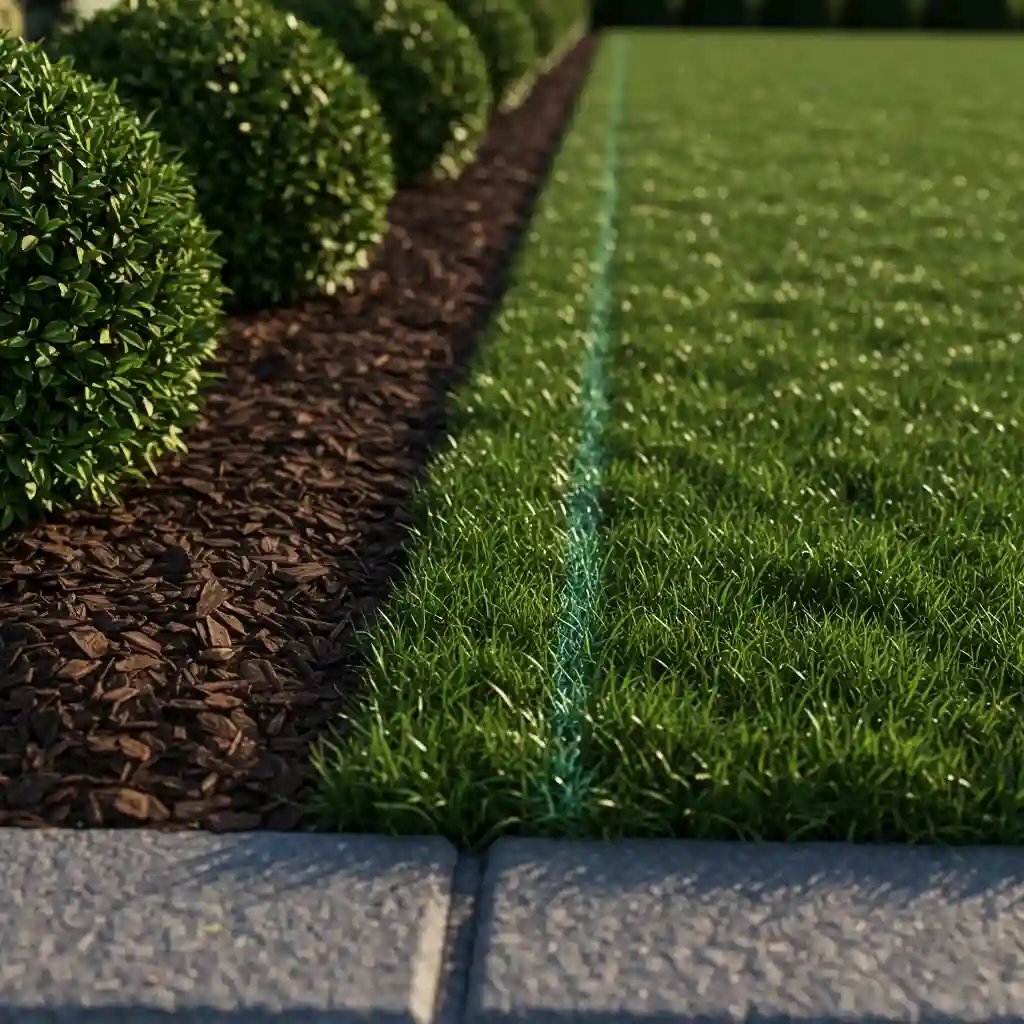 A simple front yard landscaping idea showing a neatly edged and mulched garden bed.