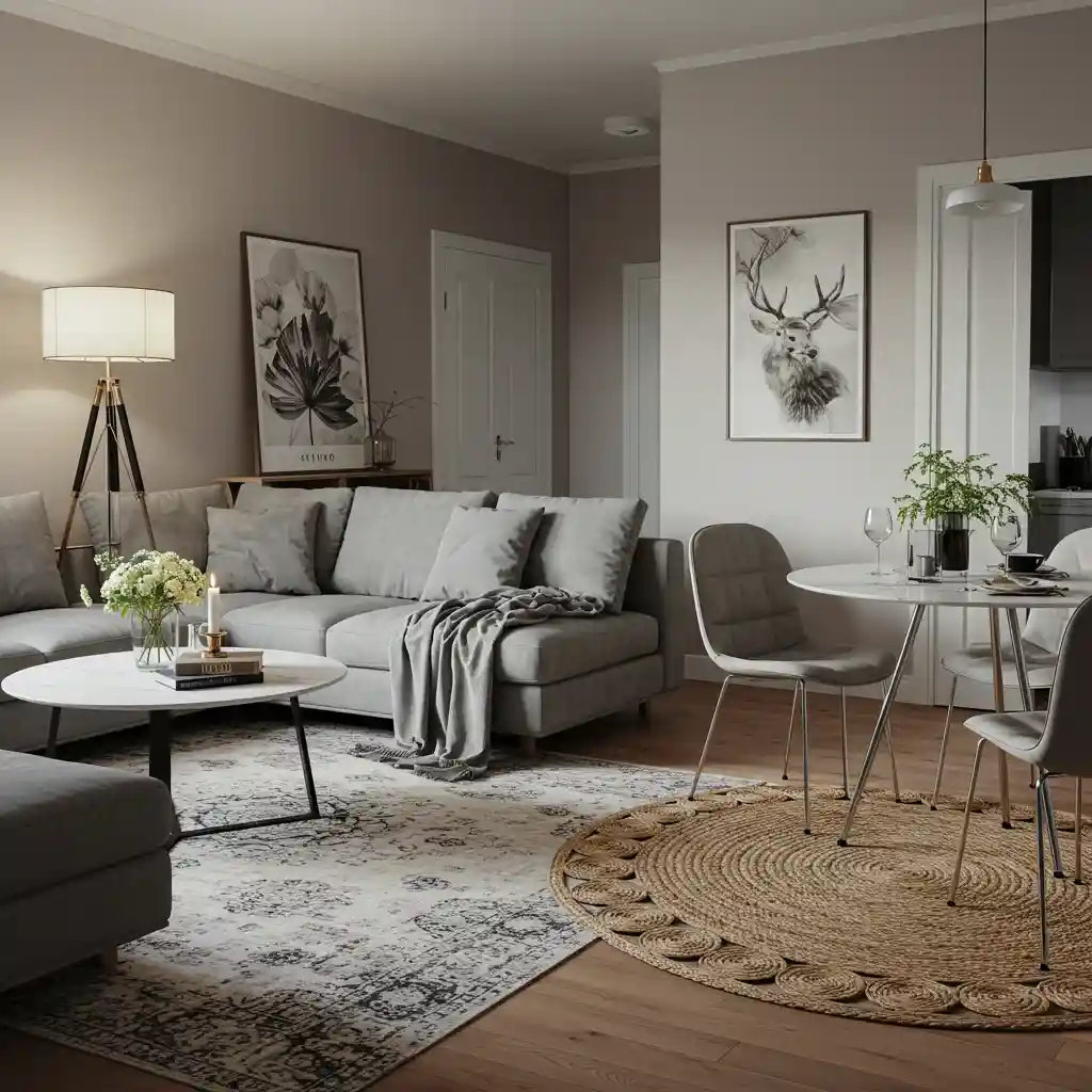 A creative 1 bedroom apartment decor idea showing an area rug used to define the living room zone.
