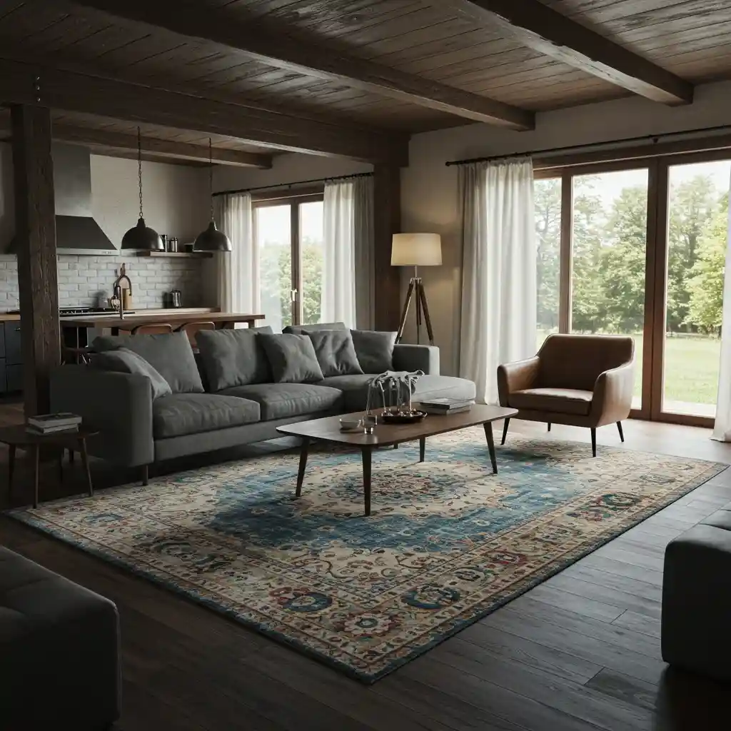 A welcoming open living room with a large area rug used to anchor the main seating area.