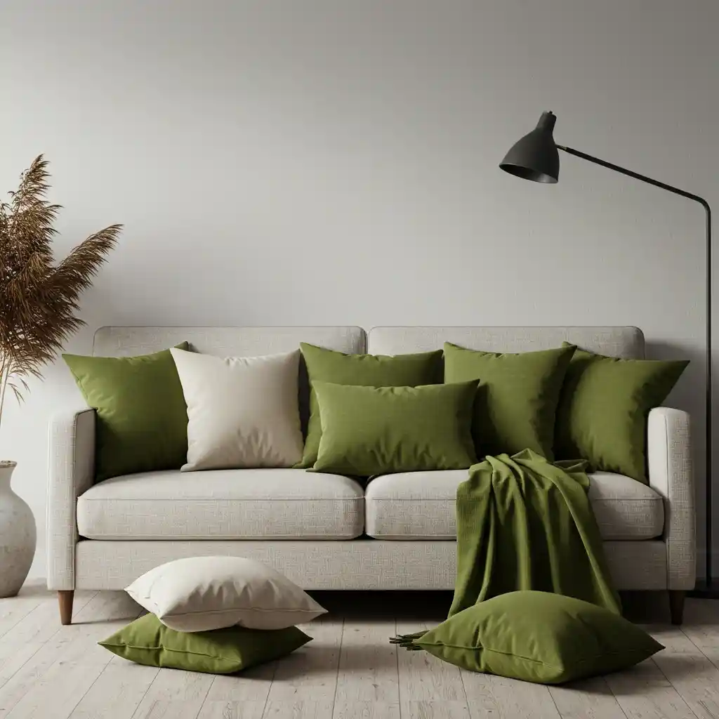 An easy home decor idea showing a sofa instantly refreshed with new, colorful and textural throw pillows.