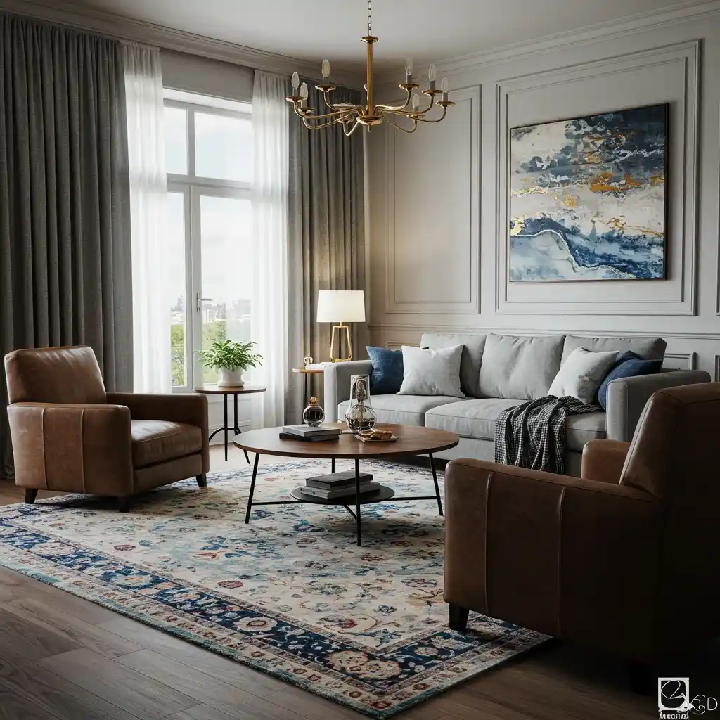 A must-have home decor item: a large area rug anchoring the furniture in a cozy living room.