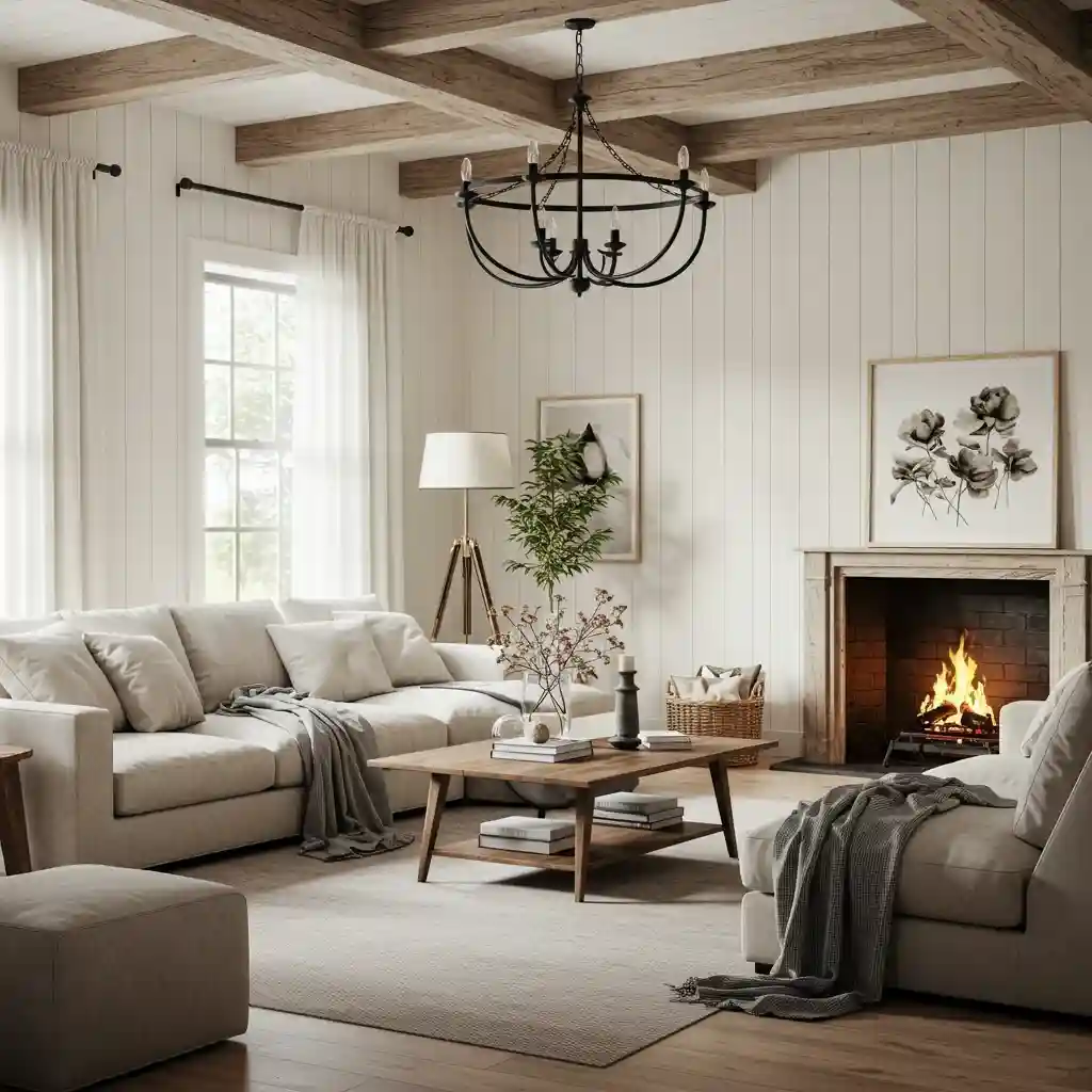 A modern rustic farmhouse living room with a neutral color palette of creamy white walls and wood beams.