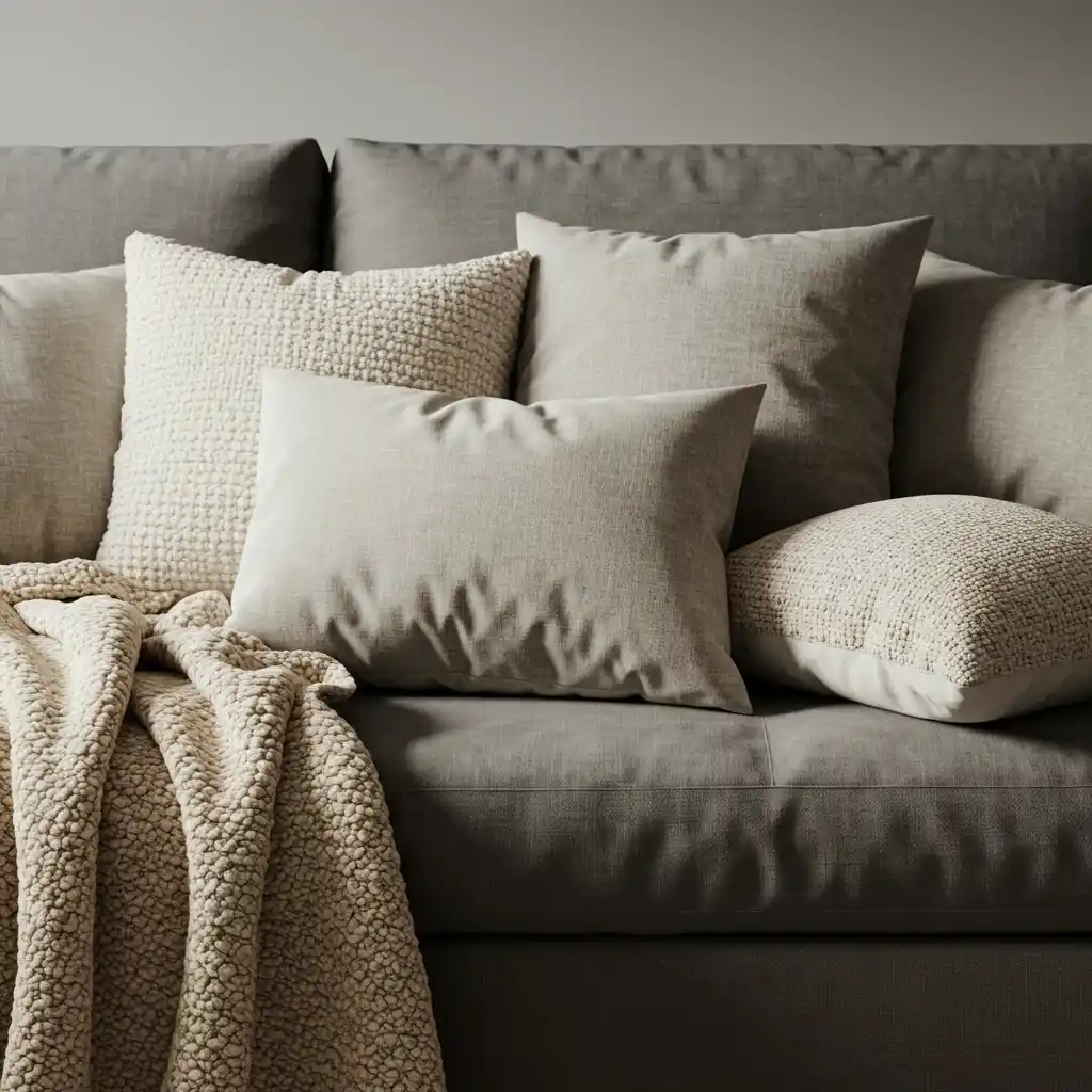 A cozy living room with a comfortable sofa layered with an abundance of soft pillows and a chunky knit throw blanket.