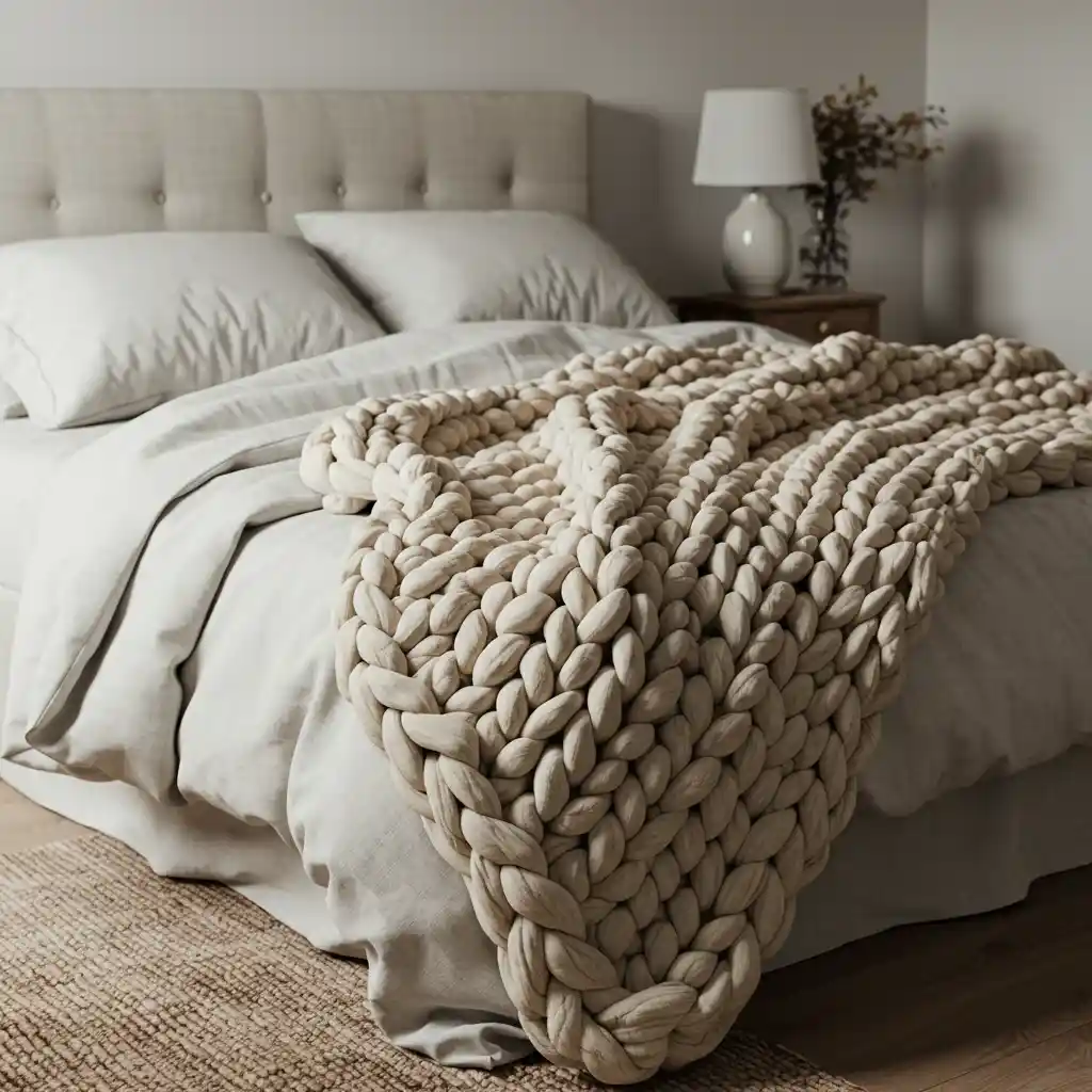 A cozy neutral fall bedroom featuring a bed with a chunky knit throw blanket in a cream color.