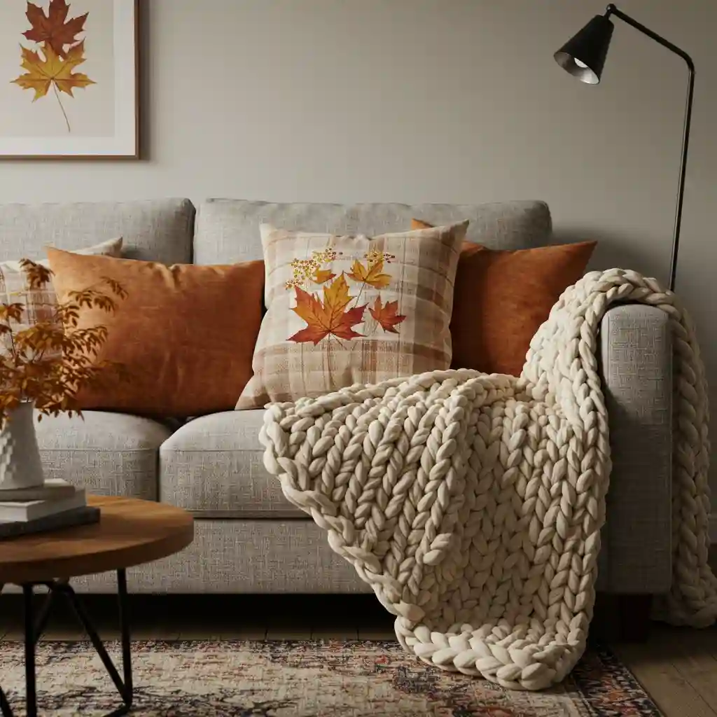 A charming autumn living room with a cozy sofa layered with chunky knit blankets and plaid pillows.