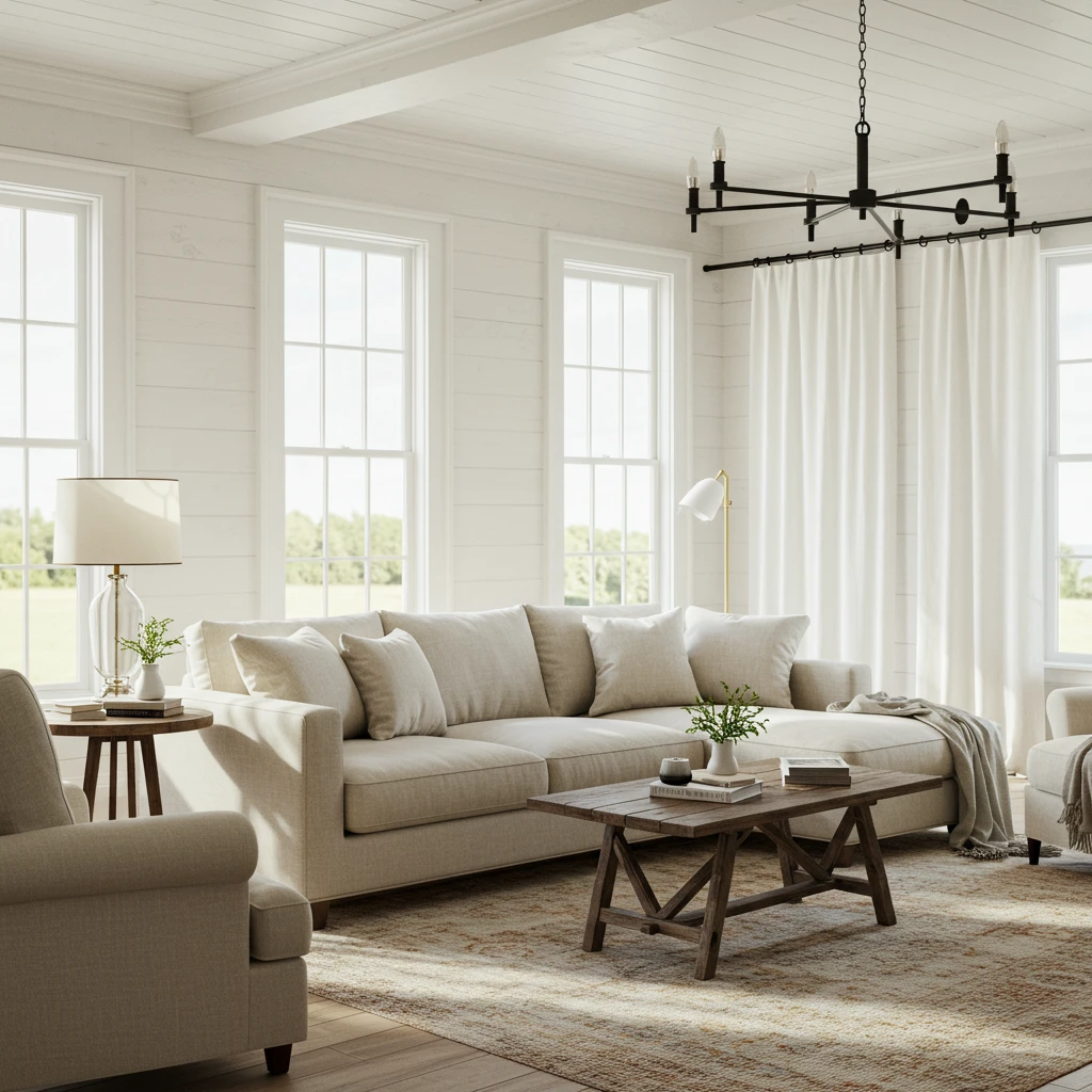A Joanna Gaines-inspired living room with a calm and airy neutral color palette of soft whites and beiges.