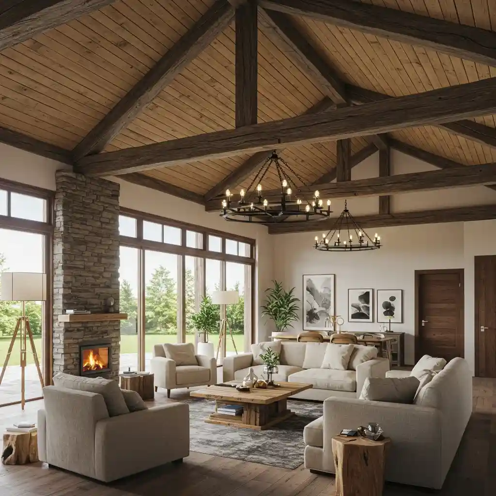 A big living room with high ceilings, featuring rustic, exposed wood beams to add architectural interest and warmth.