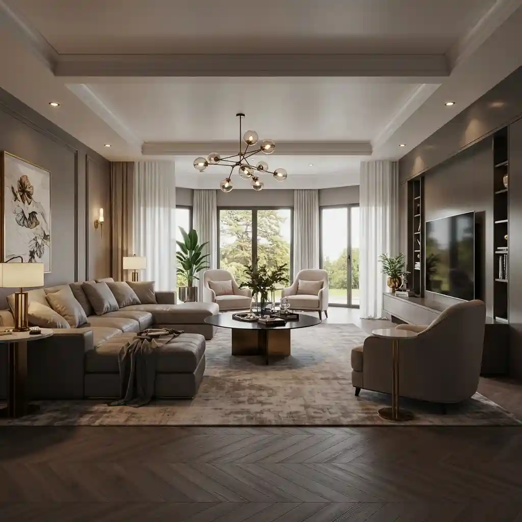 A large open living room with two separate, smaller seating zones to make the space feel cozier and more functional.