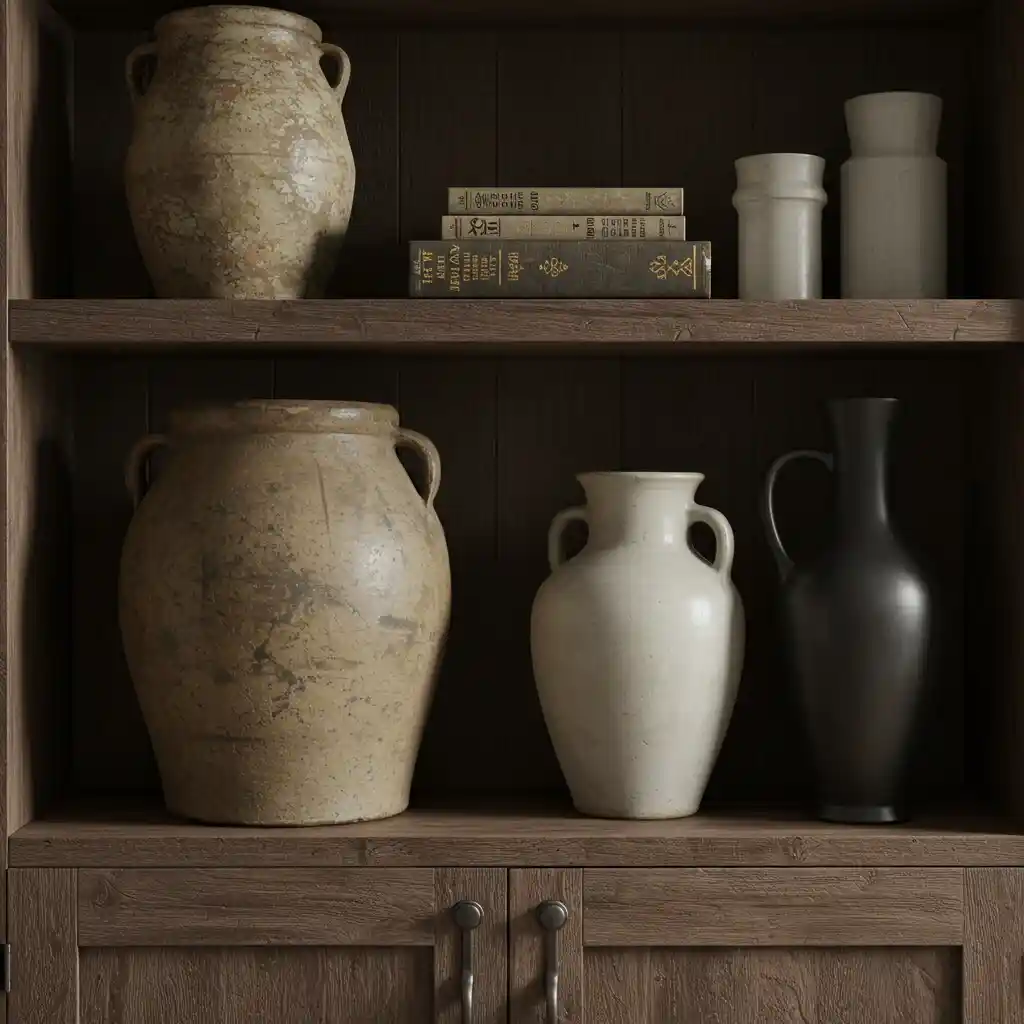 A curated collection of mixed vintage and modern pottery on a bookshelf in a modern rustic home.