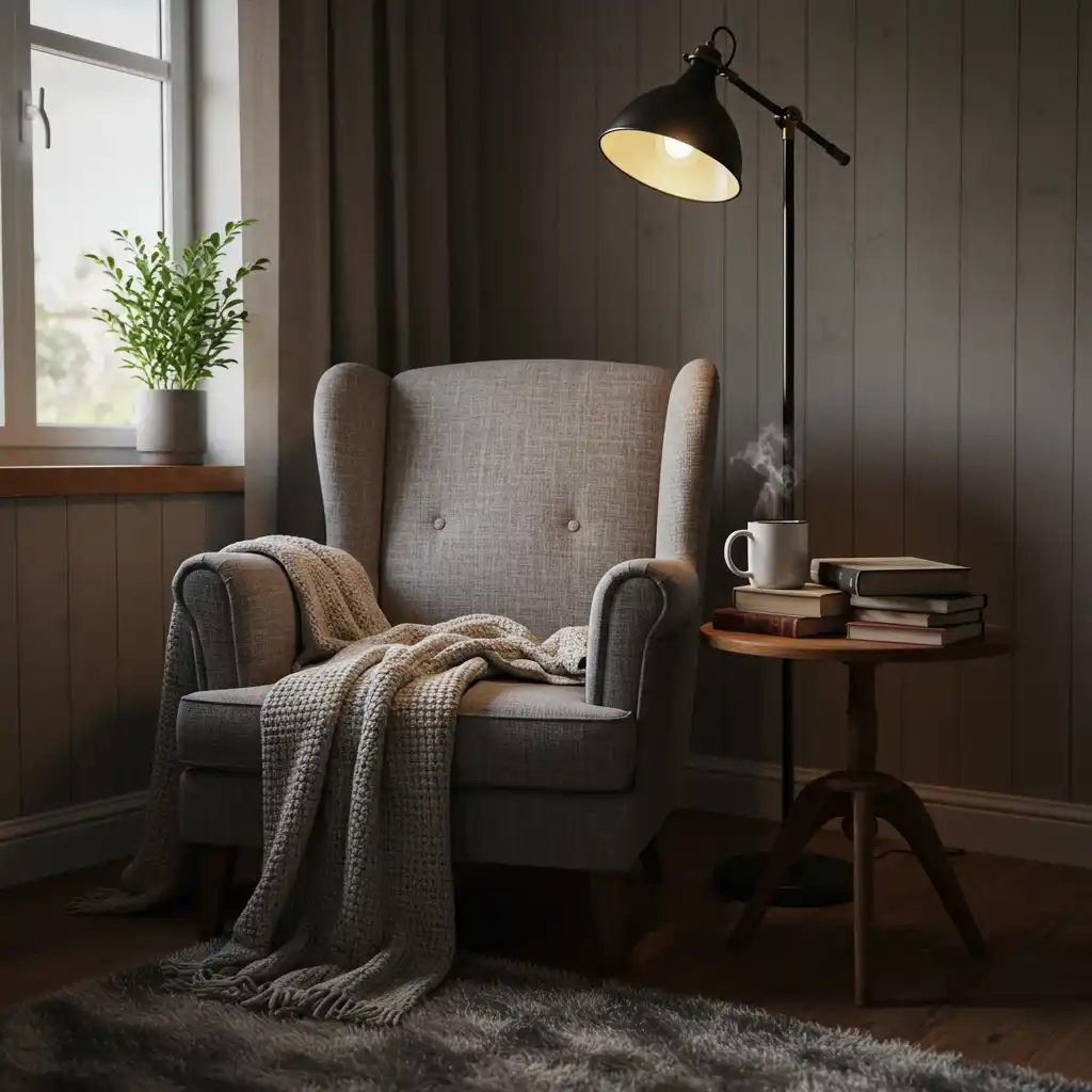 A cozy reading nook with a comfortable armchair, a knitted throw, and a warm reading lamp.
