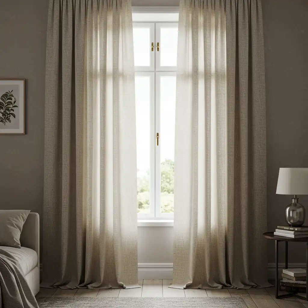 A cozy neutral bedroom with heavy, textural, oatmeal-colored linen curtains for a fall refresh.