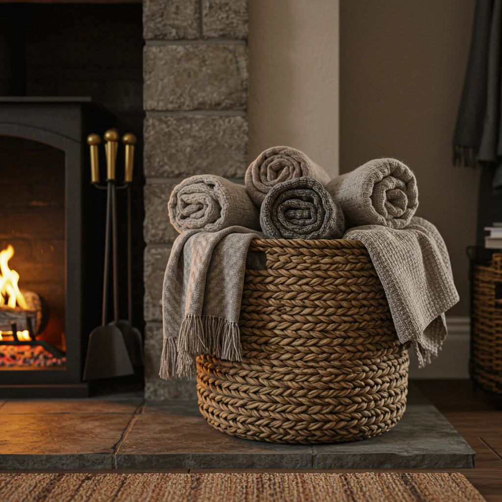 A large woven seagrass basket used for cozy storage of throw blankets in a Joanna Gaines living room.