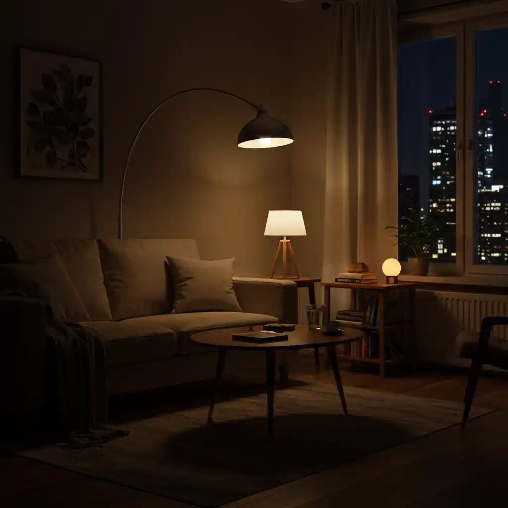A cozy one-bedroom apartment with a layered lighting scheme using a floor lamp and table lamps.
