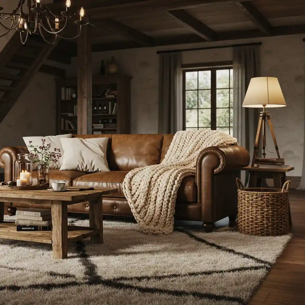 A big living room made cozy with a rich layering of different textures, including a leather sofa, a knit throw, and a shag rug.