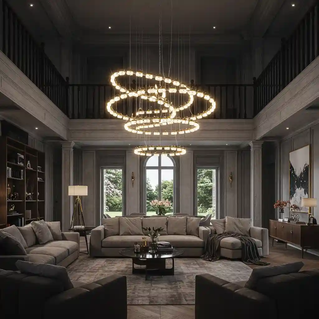 A grand open living room with a very large, oversized statement chandelier to match the scale of the space.