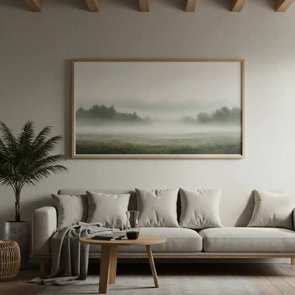 A large, minimalist landscape painting used as a serene focal point in a modern rustic living room.
