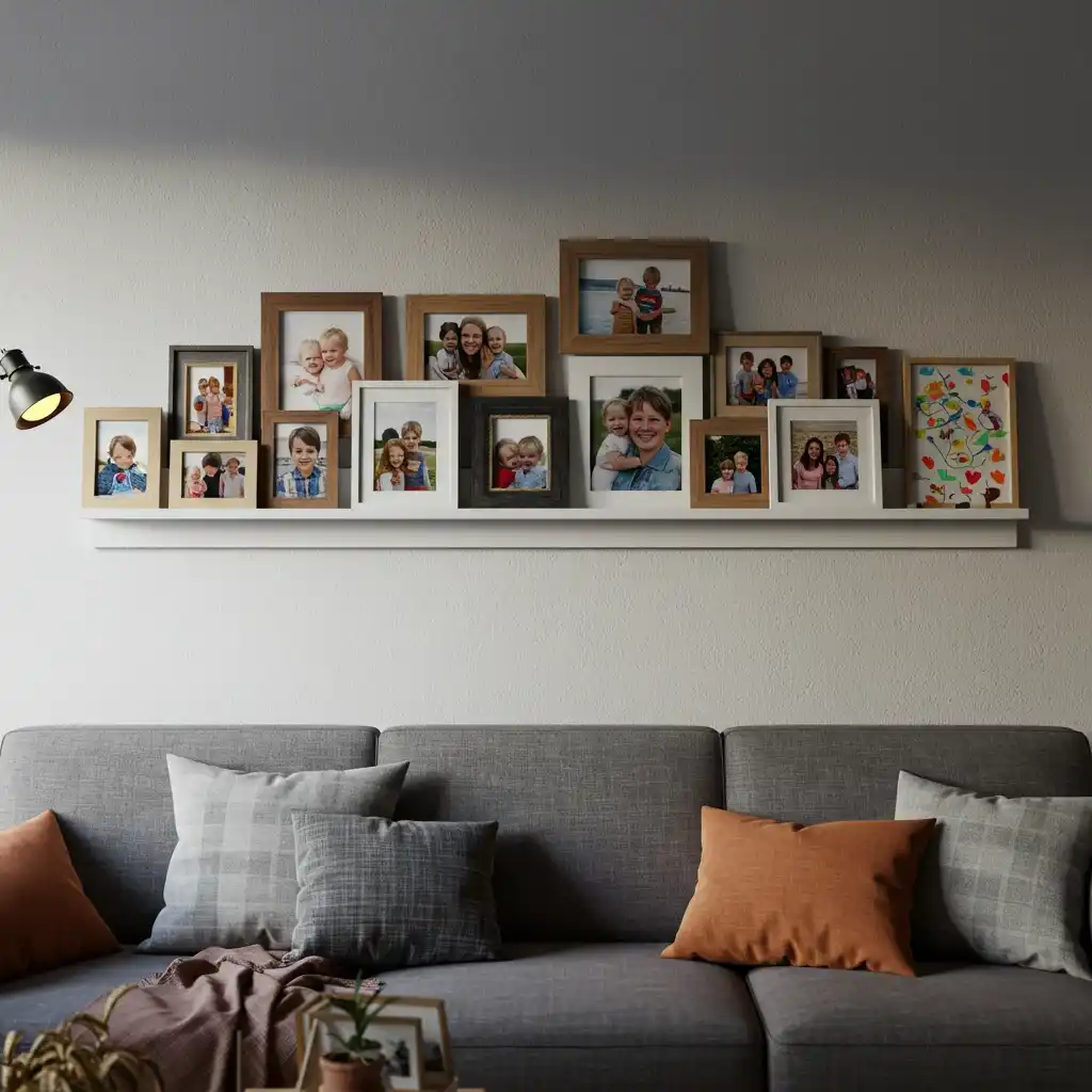 A cozy living room with a personal touch, featuring a gallery wall of family photos and art.