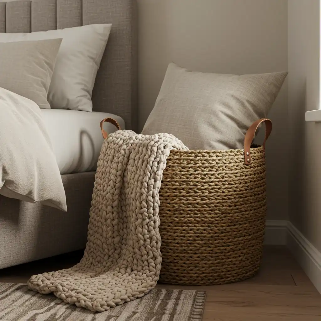 A large, woven seagrass basket used for cozy storage of a throw blanket in a neutral fall bedroom.