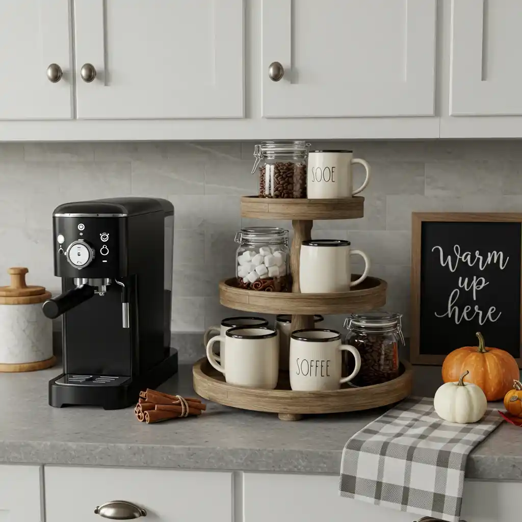A cozy autumn coffee and beverage station set up on a kitchen counter with stoneware mugs.