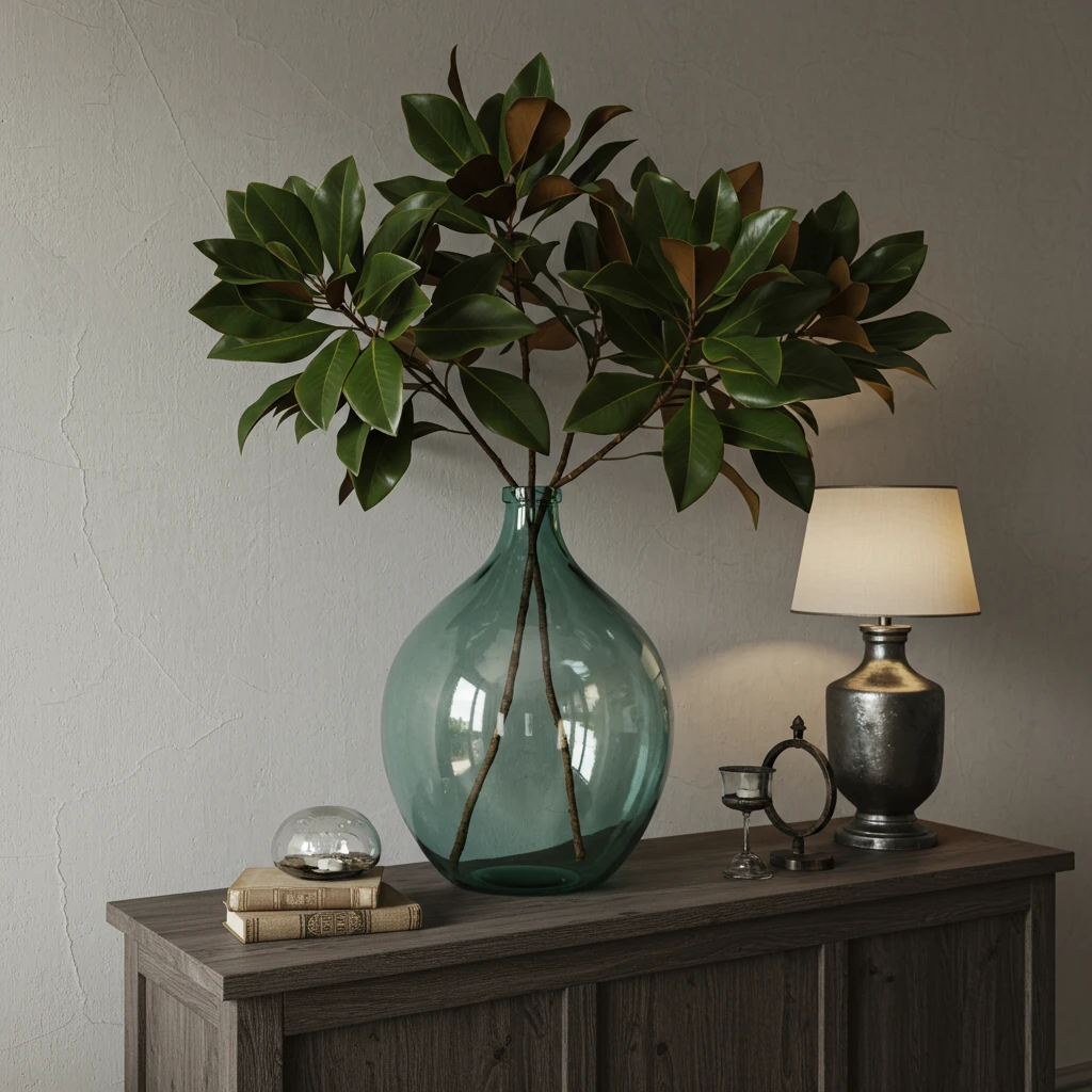 A simple and elegant decor moment in a Joanna Gaines-style living room, featuring magnolia branches in a glass demijohn.