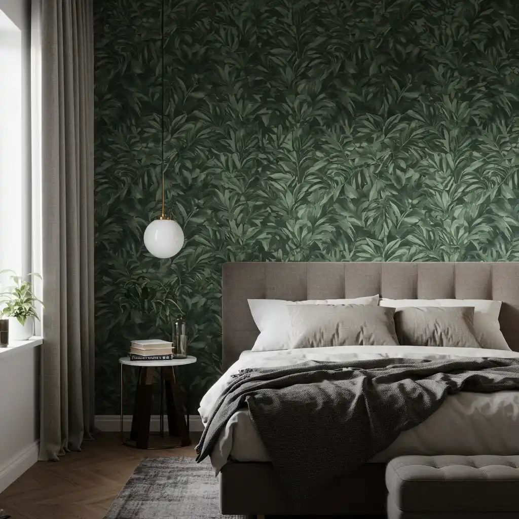 A creative, damage-free accent wall in an apartment bedroom created with a bold, removable wallpaper.