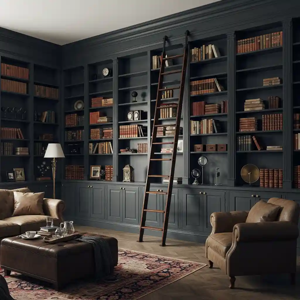 A big living room idea featuring a floor-to-ceiling, built-in bookcase with a rolling ladder to add character.