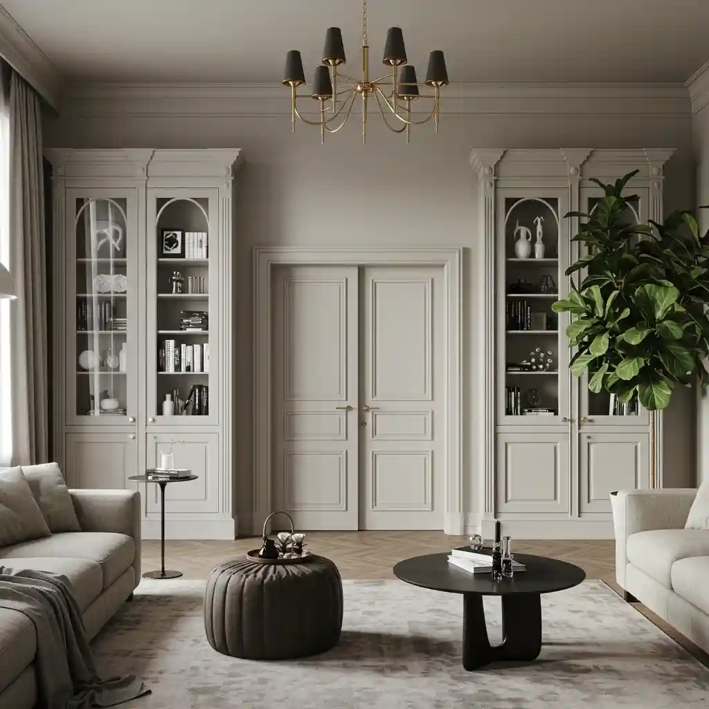 An open living room using tall, floor-to-ceiling bookshelves to add vertical interest and a sense of height.