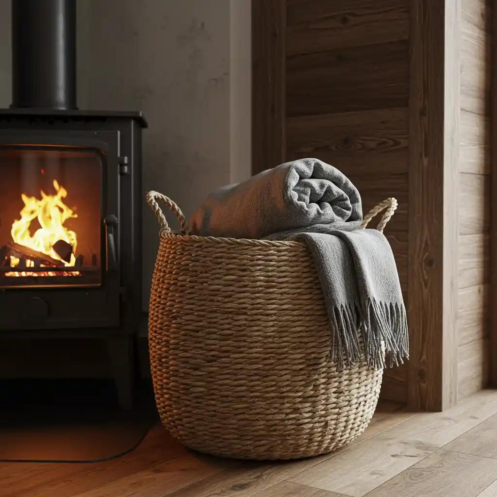 A large, simple, woven seagrass basket used for cozy blanket storage in a modern rustic living room.