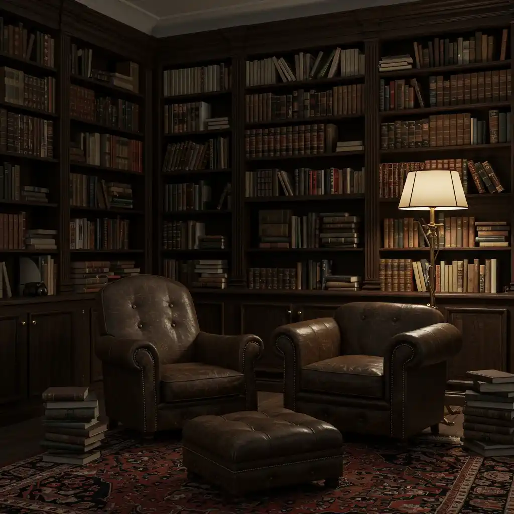 A cozy living room with a large bookcase filled with books, creating a warm, lived-in, and scholarly feel.