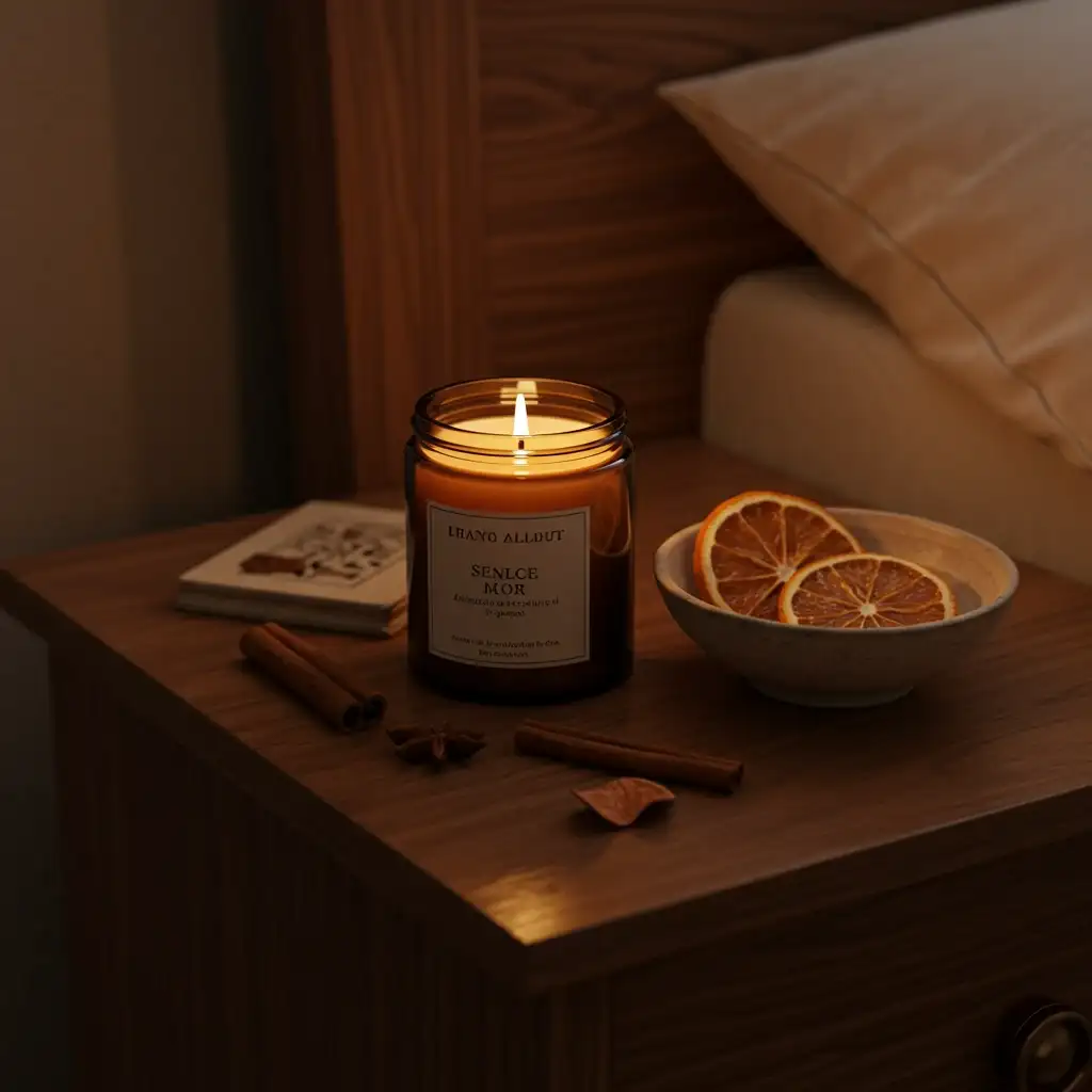 A subtle, neutral fall decor idea showing a scented candle in an amber jar on a bedroom nightstand.