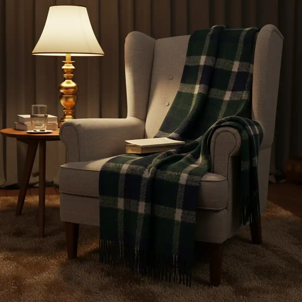 A cozy, muted plaid wool throw blanket draped over an armchair, a classic autumn decor idea.