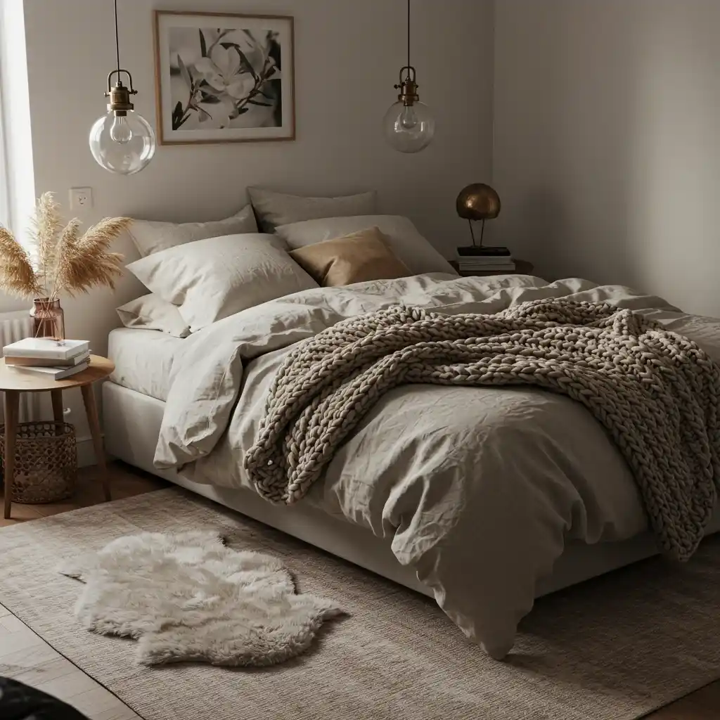 A cozy one-bedroom apartment bedroom decorated with a rich variety of layered, soft textures.