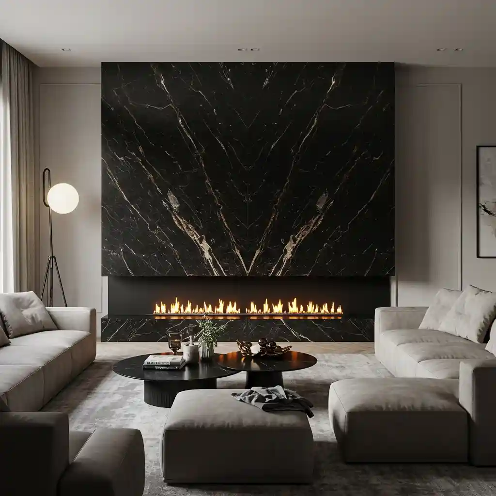 A big living room with a strong focal point: a dramatic fireplace wall made of black marble.