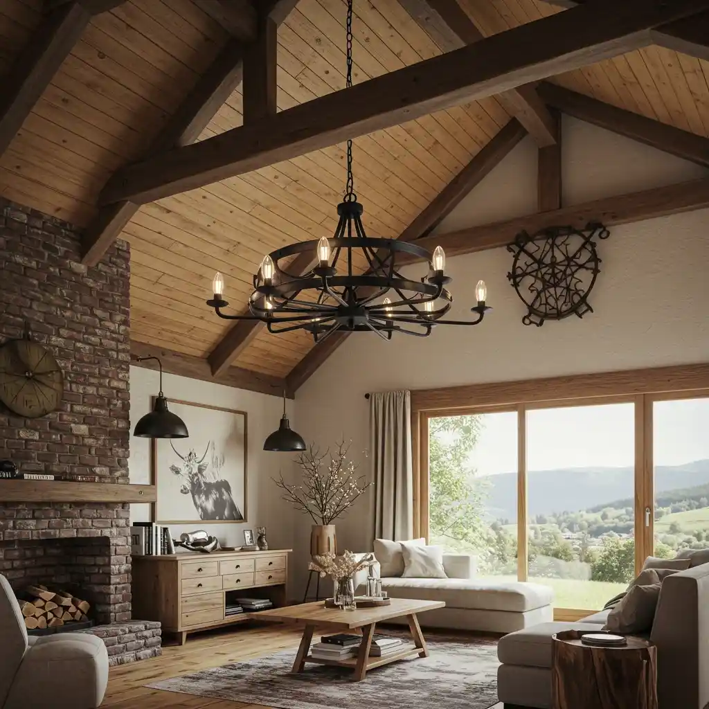 A large, black, industrial-inspired wagon wheel chandelier in a modern rustic farmhouse living room.