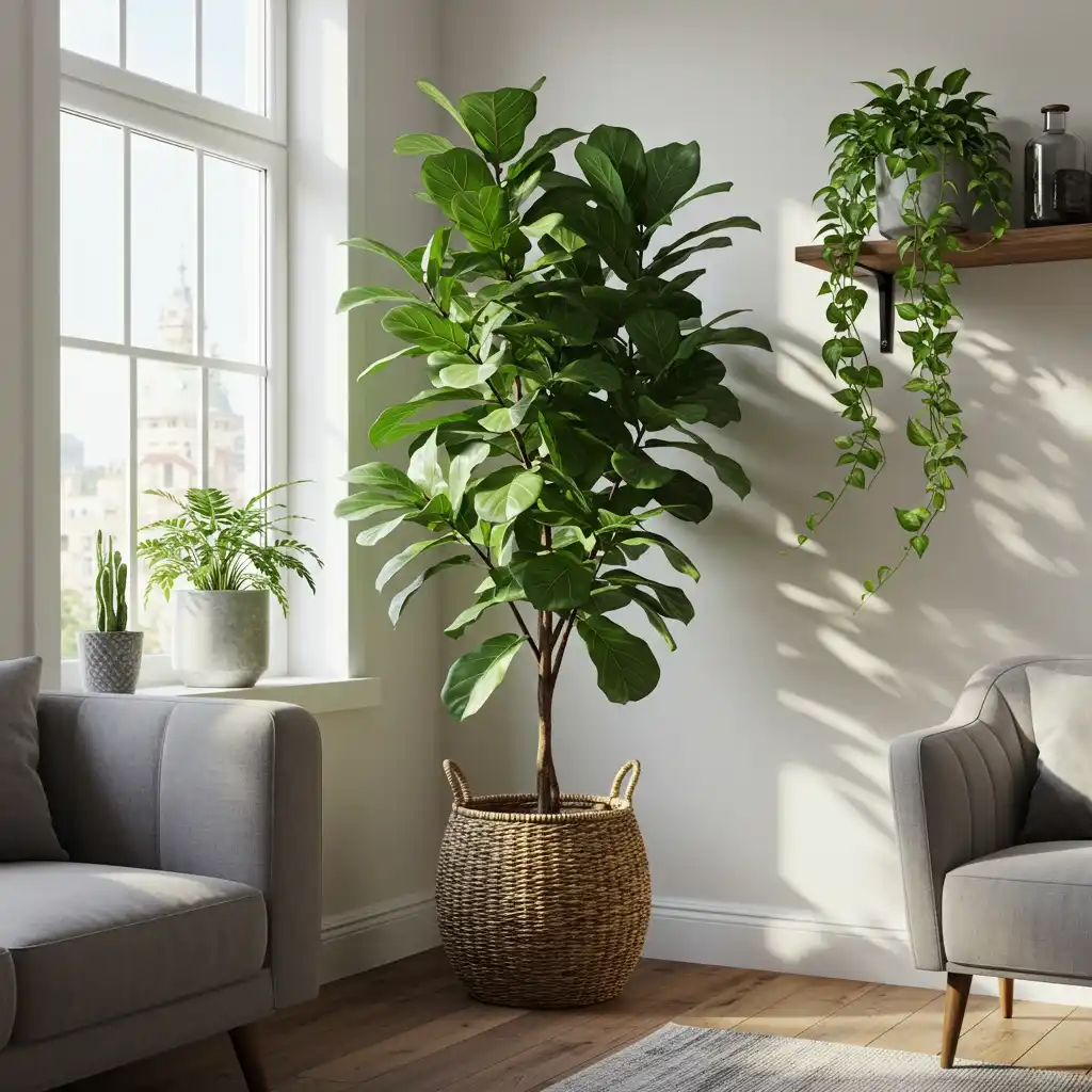 A cozy living room made more inviting with the addition of lush, green houseplants in textural pots.