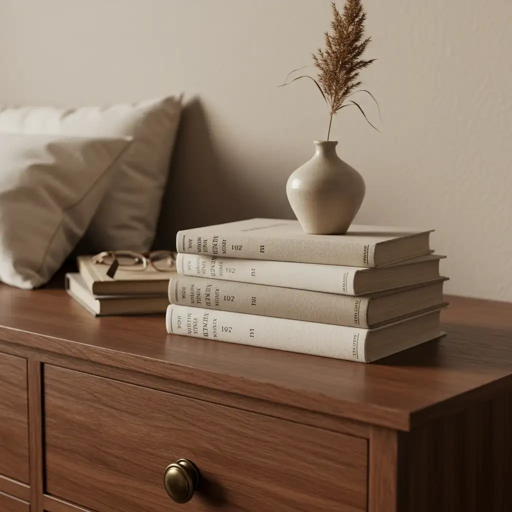A stack of vintage, neutral-toned books used as a decorative element in a neutral fall bedroom.