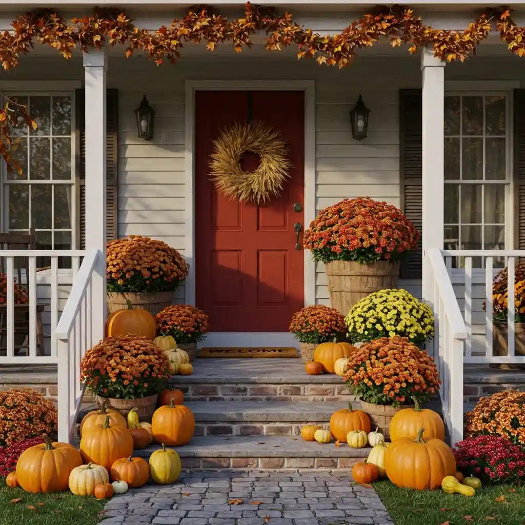 A classic, charming front porch decorated for autumn with mums, layered pumpkins, and a wreath.