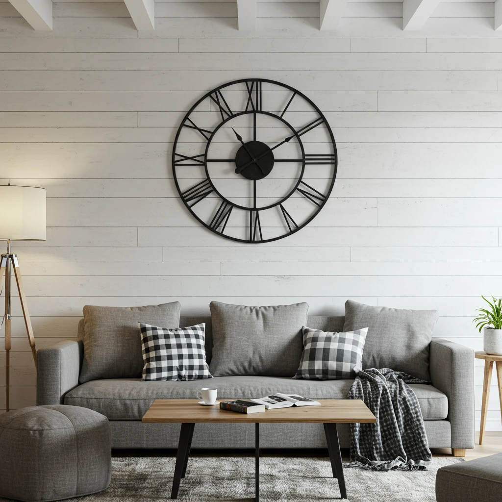 A large, oversized, black metal wall clock used as a focal point in a Joanna Gaines-style living room.