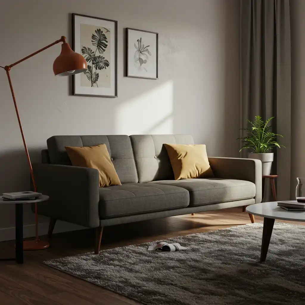 A small apartment living room with a perfectly scaled, "apartment-scale" sofa.