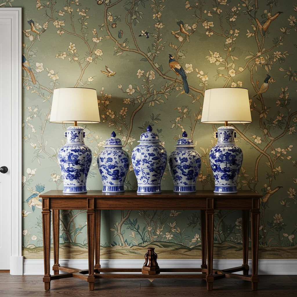 An elegant entryway vignette with a collection of blue and white Chinoiserie ginger jars and matching wallpaper.