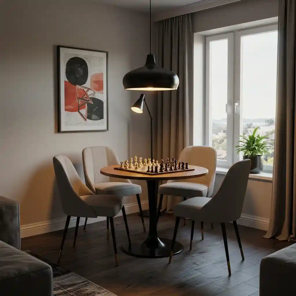 A big living room idea showing a dedicated nook with a small table and chairs for playing games.