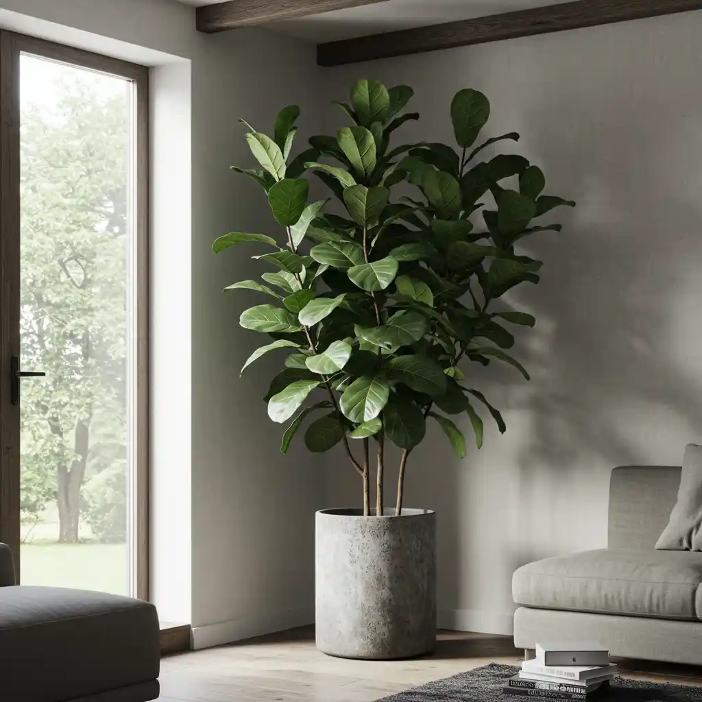 A large, statement Fiddle Leaf Fig tree in a simple pot adding a touch of nature to a modern rustic living room.