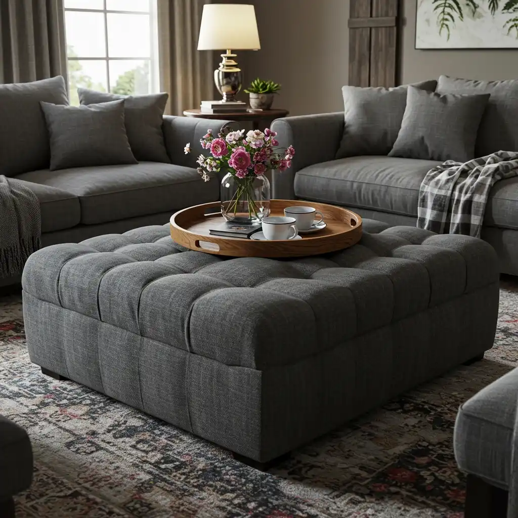 A cozy living room featuring a large, plush, tufted ottoman as a comfortable coffee table.