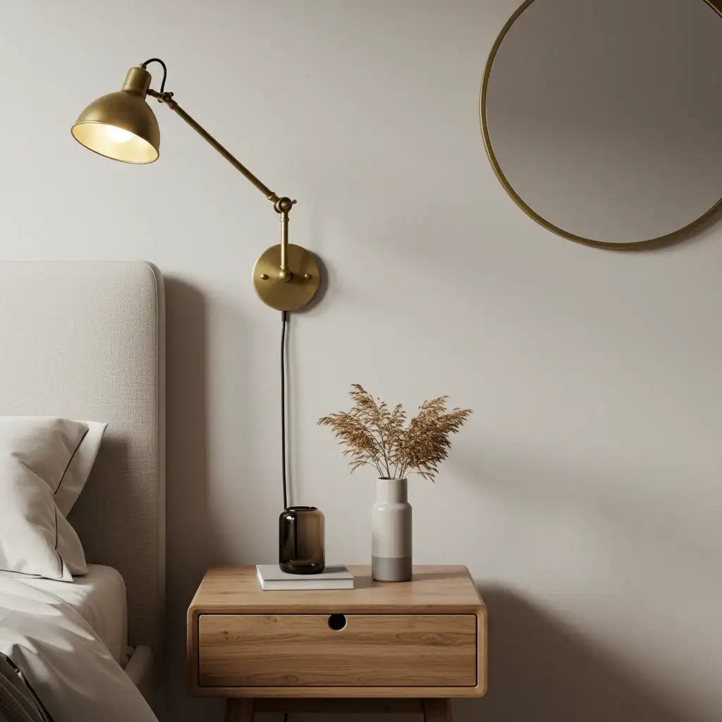 A neutral fall bedroom with warm, brushed brass accents in the lighting and a mirror frame.