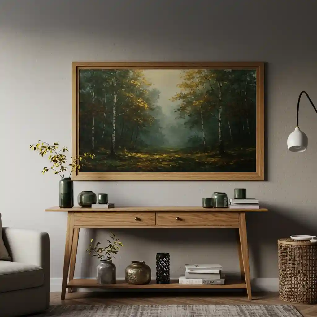 A living room wall decorated for autumn with a large, moody autumn forest landscape painting in a wood frame.