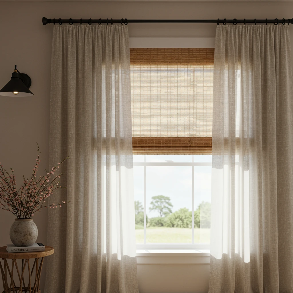 A bright living room window with simple, natural window treatments, including linen curtains and a woven wood shade, in the style of Joanna Gaines.