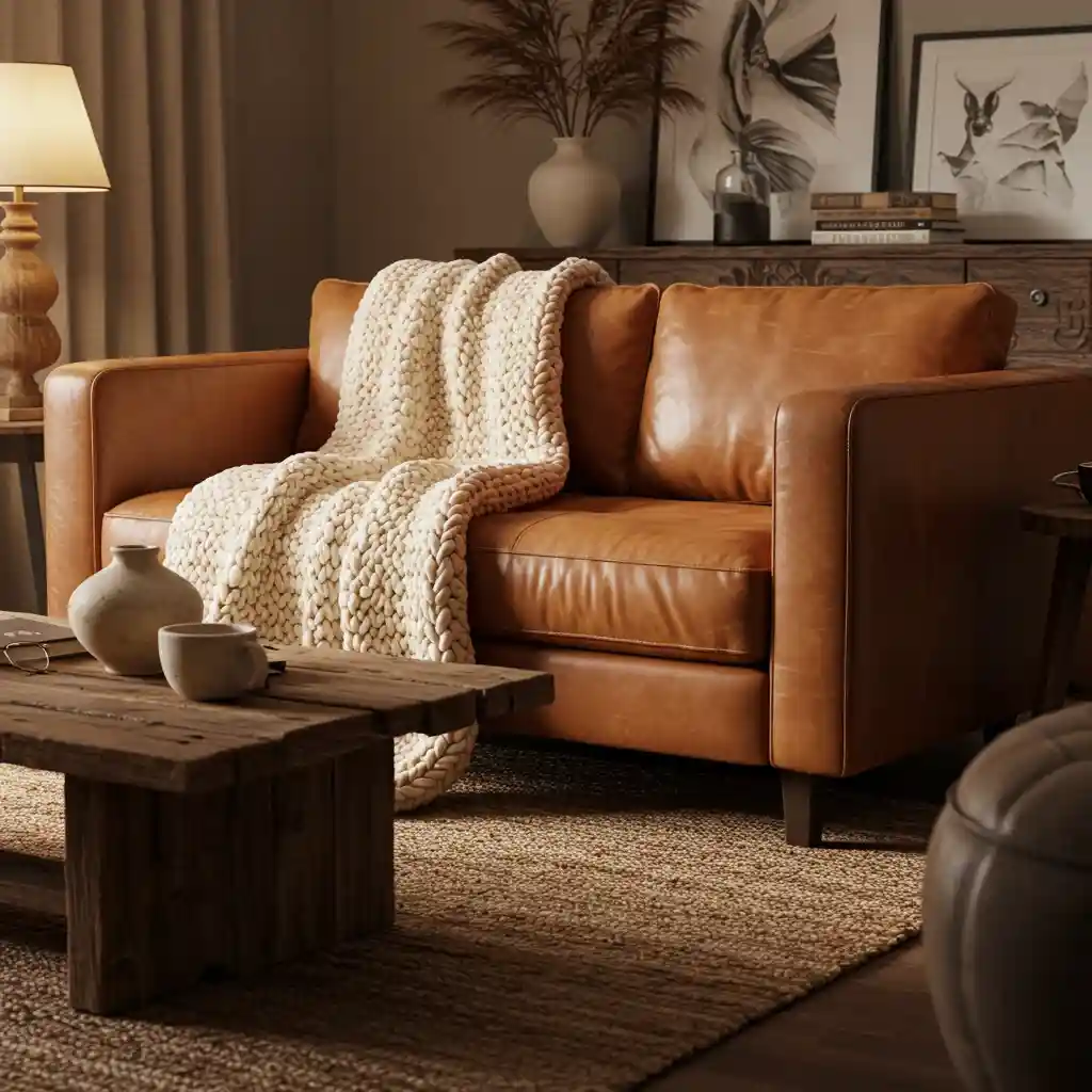 A welcoming, open living room with a rich mix of layered textures, including leather, knits, and wood.