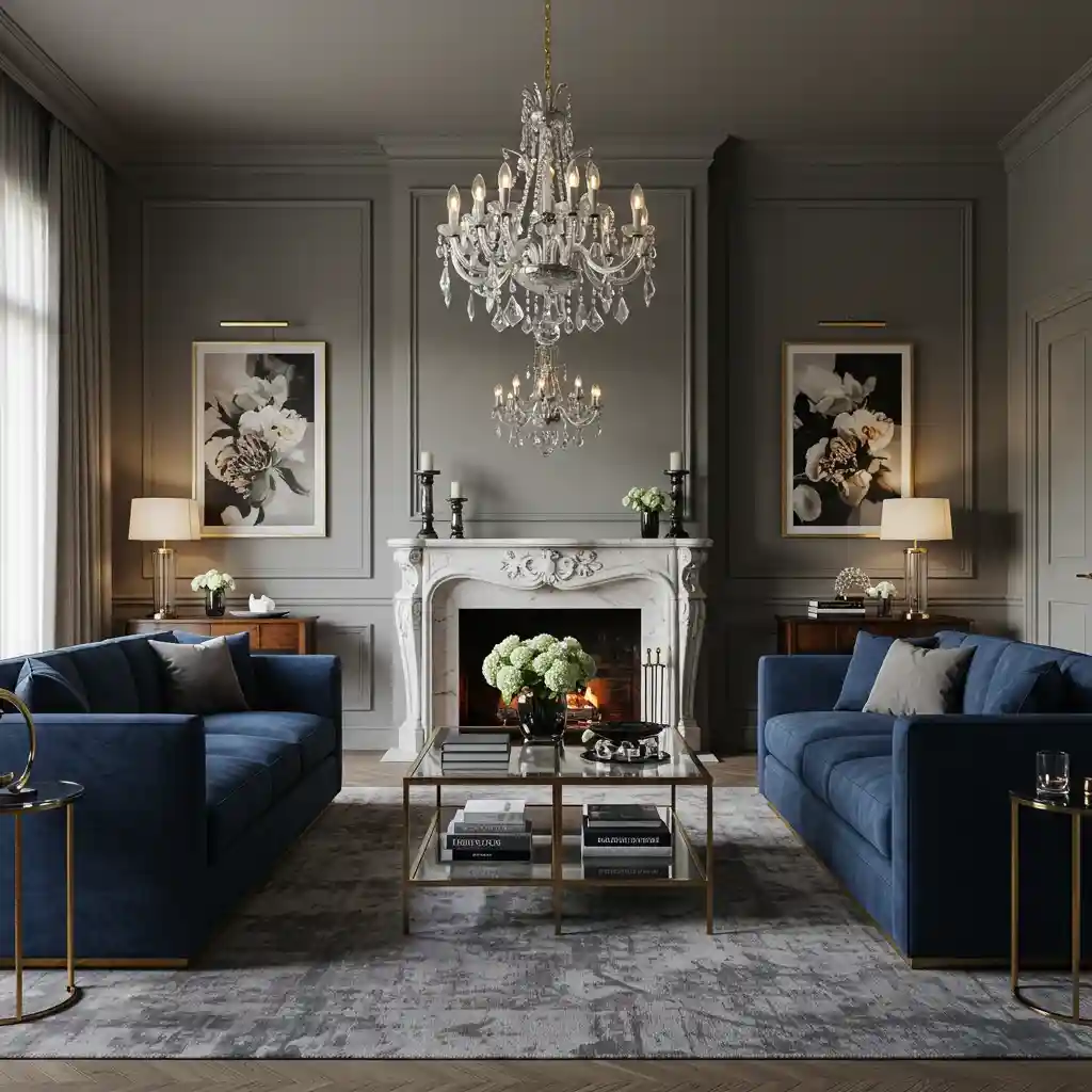 A formal layout for a big living room using two matching sofas facing each other in front of a fireplace.